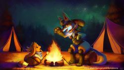 Rule 34 | commentary, commission, creature, creatures (company), eevee, english commentary, eye contact, fire, food, furry, game freak, gen 1 pokemon, gen 4 pokemon, grass, highres, holding, holding lantern, kori (154376), lantern, log, looking at another, looking away, lucario, marshmallow, neckerchief, night, night sky, nintendo, open mouth, outdoors, pine tree, pokemon, pokemon (creature), profile, scared, sitting, sitting on object, sky, star (sky), starry sky, tent, tree, watermark, web address