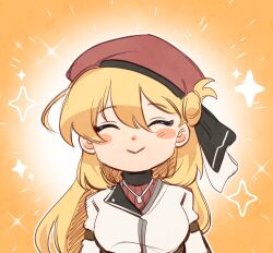 Rule 34 | 1girl, agnes claudel, beret, blonde hair, blush, closed eyes, closed mouth, collared jacket, commentary, eiyuu densetsu, gradient background, hair between eyes, hair bun, hat, highres, jacket, jewelry, kuro no kiseki, leorlontyan, long hair, loose hair strand, necklace, orange background, red sweater, smile, solo, sparkle, sweater, symbol-only commentary, upper body, white jacket