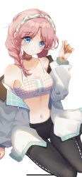 Rule 34 | 1girl, arknights, bare shoulders, black pantyhose, blue eyes, blue poison (arknights), blue poison (shoal beat) (arknights), braid, breasts, chinese commentary, choker, cleavage, commentary request, crop top, head tilt, headband, highres, jacket, long hair, long sleeves, looking at viewer, midriff, navel, off shoulder, open clothes, open jacket, pantyhose, pink choker, pink hair, simple background, sitting, siyu csy, small breasts, solo, spaghetti strap, sports bra, stomach, white background, white jacket, yokozuwari