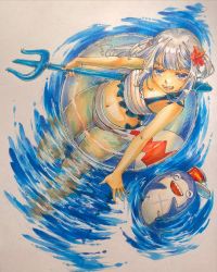 Rule 34 | 1girl, ^ ^, bikini, bloop (gawr gura), blue eyes, closed eyes, flower, frilled bikini, frills, from above, gawr gura, grey hair, hair flower, hair ornament, head tilt, highres, holding, holding weapon, hololive, hololive english, innertube, looking up, marker (medium), midriff, mochi. (mochi kga), navel, open mouth, partially submerged, polearm, red flower, sharp teeth, smile, solo, swim ring, swimsuit, teeth, traditional media, trident, two side up, virtual youtuber, water, weapon, white bikini