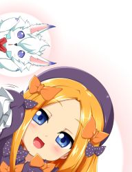 Rule 34 | 1girl, :d, abigail williams (fate), bad id, bad pixiv id, black bow, black dress, black hat, blonde hair, blue eyes, blush, bow, commentary request, dress, dutch angle, fate/grand order, fate (series), forehead, fou (fate), hair bow, hands up, hat, kokujuuji, long hair, long sleeves, open mouth, orange bow, parted bangs, polka dot, polka dot bow, purple eyes, sleeves past fingers, sleeves past wrists, smile