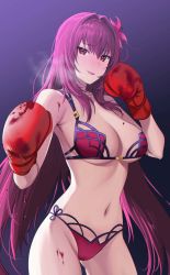Rule 34 | 1girl, :d, absurdres, bare shoulders, bikini, blood, blush, boxing, boxing gloves, breasts, cleavage, collarbone, commentary request, commission, cowboy shot, dripping, fate/grand order, fate (series), flower, gluteal fold, gou d, gradient background, hair flower, hair intakes, hair ornament, heavy breathing, highres, large breasts, long hair, looking at viewer, mixed-language commentary, navel, nose blush, open mouth, pink bikini, pink flower, pixiv commission, pov, purple background, purple eyes, purple hair, scathach (fate), smile, solo, stomach, swimsuit, very long hair