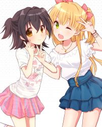 Rule 34 | 2girls, black hair, blonde hair, blouse, blue skirt, bow, brown eyes, closed mouth, double v, fang, frilled shirt collar, frills, gold, green eyes, hair between eyes, hair bow, heart, heart necklace, highres, jewelry, long hair, looking at viewer, multiple girls, necklace, necktie, one eye closed, open mouth, pink bow, pink skirt, plaid, plaid skirt, shiroyagi (yupuppi), shirt, short hair, short sleeves, skirt, smile, standing, striped clothes, striped shirt, t-shirt, v, white shirt