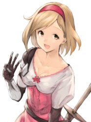 Rule 34 | 10s, 1girl, :d, bad id, bad pixiv id, blonde hair, breasts, brown eyes, cleavage, collarbone, djeeta (granblue fantasy), dress, fighter (granblue fantasy), gauntlets, granblue fantasy, hairband, koretsuki aduma, looking at viewer, medium breasts, open mouth, short hair, smile, solo, sword, upper body, weapon, white background