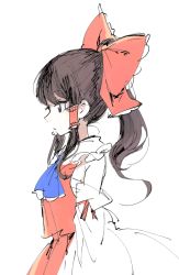 Rule 34 | 1girl, ascot, brown eyes, commentary request, detached sleeves, from side, hair between eyes, hair tubes, hakurei reimu, long hair, long sleeves, mozukuzu (manukedori), ponytail, profile, red ascot, red shirt, red skirt, shirt, simple background, skirt, solo, touhou, upper body, white background, wide sleeves, yellow ascot