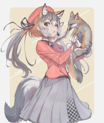 Rule 34 | 1girl, animal, animal ear fluff, animal ears, ascot, belt, beret, black ribbon, brown eyes, commentary, creature and personification, don3, extra ears, fox, fox ears, fox girl, fox tail, fur-trimmed sleeves, fur trim, gloves, grey gloves, grey hair, grey skirt, hair between eyes, hair ribbon, hat, headset, holding, holding animal, island fox (kemono friends), jacket, kemono friends, kemono friends v project, long hair, long sleeves, looking at viewer, multicolored hair, open mouth, orange hair, orange jacket, pleated skirt, red hat, ribbon, simple background, skirt, solo, tail, twintails, virtual youtuber, white ascot