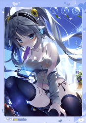 Rule 34 | 1girl, absurdres, artist name, backlighting, bare shoulders, black panties, black thighhighs, blue eyes, blue sky, blush, bow, bow panties, breasts, cable, cleavage, collared shirt, covered erect nipples, covered navel, cropped, day, dress shirt, flower, flower pot, food, grey hair, hair flower, hair ornament, handheld game console, headphones, highres, holding, long hair, looking at viewer, medium breasts, mouth hold, nipples, no bra, open clothes, open shirt, original, otona no moeoh, panties, popsicle, scan, see-through, shirt, side-tie panties, sitting, sky, sleeveless, solo, string panties, sunflower, sunflower hair ornament, thighhighs, twintails, underwear, wet, wet clothes, wet shirt, white shirt, wind chime, yellow flower, yoruneko