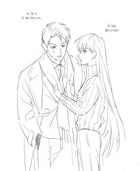 Rule 34 | 1boy, 1girl, adjusting scarf, angelica (project moon), collared shirt, cowboy shot, greyscale, highres, husband and wife, library of ruina, long hair, monochrome, mye 66, necktie, pants, parted bangs, parted lips, project moon, ribbed sweater, roland (project moon), scarf, shirt, sketch, sweat, sweater, very long hair, vest