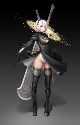 Rule 34 | 1girl, absurdres, black background, black dress, black hairband, black thighhighs, blue eyes, boots, breasts, cleavage cutout, clothing cutout, dress, feather-trimmed sleeves, full body, gloves, gradient background, grey background, hairband, highleg, highleg leotard, highres, huge weapon, juliet sleeves, katana, leather, leather boots, leotard, leotard under clothes, light particles, long sleeves, looking at viewer, medium breasts, nier (series), nier:automata, no blindfold, outstretched arm, parted lips, pink lips, puffy sleeves, silver hair, solo, standing, sword, sword behind back, thigh boots, thighhighs, thighhighs under boots, thighs, vambraces, virtuous contract, wabeibei, weapon, white leotard, 2b (nier:automata)