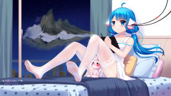 Rule 34 | ahoge, android, artist name, blue eyes, blue hair, chobits, choker, closed mouth, dated, dress, feet, frilled dress, frills, garter straps, highres, holding, holding stylus, holding tablet pc, indoors, knees up, long hair, low twintails, mechanical ears, no shoes, on bed, original, reclining, robot ears, robot girl, sleeveless, sleeveless dress, smile, soles, stuffed animal, stuffed rabbit, stuffed toy, stylus, tablet pc, thighhighs, thighs, toes, twintails, white choker, white dress, white thighhighs, wire, xiao shi lullaby