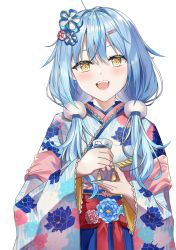 Rule 34 | 1girl, :d, ahoge, atora, bell, blue kimono, blue nails, blue ribbon, blush, cup, elf, floral print, hair between eyes, hair ornament, hair over shoulder, hairclip, hands up, heart, heart ahoge, highres, holding, holding cup, holofive, hololive, japanese clothes, kimono, long hair, long sleeves, looking at viewer, low twintails, multicolored hair, nail polish, obi, open mouth, pointy ears, print kimono, ribbon, sakazuki, sash, simple background, smile, snowflake print, solo, tail, teeth, twintails, very long hair, virtual youtuber, white background, wide sleeves, yagasuri, yellow eyes, yukihana lamy, yukihana lamy (new year)