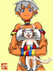 Rule 34 | 1girl, animal, animal focus, between breasts, blue eyes, blush stickers, bracelet, breasts, cat, cat lingerie, cleavage cutout, clothing cutout, crossed arms, dark skin, dark-skinned female, earrings, elena (street fighter), highres, holding, holding animal, jewelry, made in japan (karakoro14), meme attire, neck ring, short hair, solo, street fighter, yellow background