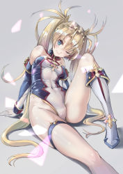 Rule 34 | 1girl, bare shoulders, blonde hair, blue eyes, blush, boots, bradamante (fate), bradamante (first ascension) (fate), braid, breasts, cleavage, closed mouth, covered navel, elbow gloves, fate/grand order, fate (series), french braid, gloves, grey background, hair between eyes, highleg, highleg leotard, highres, knee boots, knee up, leaning back, legs, leotard, long hair, looking at viewer, n-oel, one eye closed, sitting, small breasts, smile, solo, sparkle, thigh strap, thighs, twintails, very long hair, white footwear