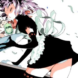 Rule 34 | 1girl, apron, bad drawr id, bad id, black dress, black gloves, character request, closed eyes, copyright request, dress, drink, elbow gloves, food, frown, gloves, holding, holding tray, ice cream, ice cream float, kmgr, maid, melon soda, oekaki, panties, pantyshot, purple hair, ribbon, short hair, solo, thighhighs, tray, underwear, waitress, white background, white panties, wind