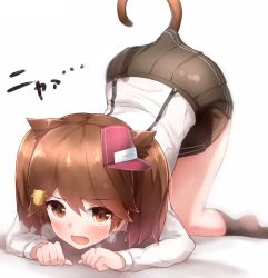 Rule 34 | 10s, 1girl, animal ears, animal hair ornament, black skirt, black socks, blurry, blush, boruhis, brown hair, cat ears, cat tail, collared shirt, depth of field, embarrassed, eyebrows, fang, hair between eyes, hair ornament, hairclip, kantai collection, kemonomimi mode, kneehighs, light particles, long sleeves, looking at viewer, miniskirt, no shoes, open mouth, pleated skirt, ryuujou (kancolle), shirt, skirt, socks, solo, suspender skirt, suspenders, tail, top-down bottom-up, twintails, visor cap, white background, white shirt