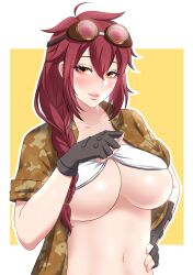Rule 34 | 1girl, ahoge, black gloves, blush, bra, bra lift, breasts, camouflage, camouflage shirt, collarbone, commentary, commentary request, english commentary, gloves, goggles, goggles on head, hair between eyes, hand on own hip, highres, large breasts, lifted by self, long hair, looking at viewer, namiko (namiko arts), navel, open clothes, open shirt, orange eyes, original, parted lips, red hair, second-party source, shirt, sleeves rolled up, solo, underwear, upper body