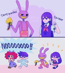 Rule 34 | 2boys, 2girls, animal ears, black eyes, blush, bow, bug, button eyes, centipede, clenched teeth, closed eyes, collared shirt, colored sclera, commentary, crossover, dress, gloves, hair bow, hero (headspace) (omori), hero (omori), jax (the amazing digital circus), long hair, mari (omori), maromichan, multiple boys, multiple girls, neckerchief, omori, open mouth, overalls, pajamas, pink overalls, puffy short sleeves, puffy sleeves, purple dress, purple eyes, purple hair, purple sweater vest, rabbit boy, rabbit ears, ragatha (the amazing digital circus), red hair, red neckerchief, running, shirt, short hair, short sleeves, smile, spider, sweater vest, teeth, the amazing digital circus, triangle nose, white shirt, yellow gloves, yellow sclera, yellow teeth