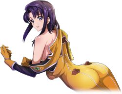 Rule 34 | 1girl, artist request, ass, bodysuit, breasts, cecile croomy, closed mouth, code geass, code geass: lost stories, cowboy shot, cropped legs, dressing, dutch angle, female focus, from behind, game cg, gloves, long sleeves, looking at viewer, looking back, matching hair/eyes, medium breasts, medium hair, non-web source, off shoulder, official art, orange bodysuit, orange gloves, purple eyes, purple hair, sidelocks, simple background, single bare shoulder, skin tight, solo, standing, transparent background
