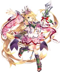 Rule 34 | 1girl, ;p, blonde hair, detached sleeves, flower, full body, green eyes, hair flower, hair ornament, holding, holding polearm, holding spear, holding weapon, kamei (oshiro project), matoki misa, official art, one eye closed, oshiro project:re, oshiro project:re, polearm, solo, spear, tongue, tongue out, transparent background, weapon