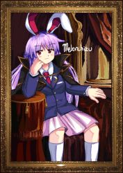 Rule 34 | absurdres, animal ears, artist name, bad id, bad pixiv id, buttoned cuffs, buttons, cape, chair, cosplay, crossover, formal, hand on own face, highres, jacket, kneehighs, necktie, pink skirt, purple hair, rabbit ears, rabbit girl, red eyes, red tie, reisen udongein inaba, skirt, socks, soldierburger, suit, suit jacket, throne, touhou, umineko no naku koro ni, ushiromiya battler, ushiromiya battler (cosplay)