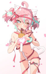 Rule 34 | 1girl, ahoge, animal ear fluff, animal ears, brown eyes, candy, cat ears, cat girl, cat tail, chocolate, chocolate heart, collar, commentary request, fang, fang out, food, food in mouth, gradient background, green eyes, green hair, groin, heart, heart-shaped pupils, heart background, heart hands, heart tail, heterochromia, highres, indie virtual youtuber, looking at viewer, mouth hold, multicolored hair, naked ribbon, navel, nekono matatabi, nekonoi lily, original, pink background, pink hair, ribbon, solo, streaked hair, symbol-shaped pupils, tail, twintails, virtual youtuber, white background, white collar