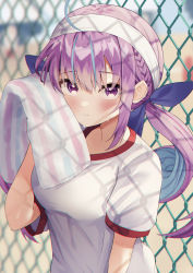 Rule 34 | 1girl, absurdres, ahoge, blouse, blue hair, blue ribbon, blurry, blurry background, braid, breasts, chain-link fence, closed mouth, commentary request, day, depth of field, fence, gym shirt, gym uniform, hair between eyes, hair ribbon, hairband, hand up, highres, holding, holding towel, hololive, long hair, looking at viewer, medium breasts, minato aqua, multicolored hair, outdoors, purple eyes, purple hair, ribbon, shirt, short sleeves, smile, solo, sports festival, streaked hair, striped, towel, twintails, two-tone hair, upper body, very long hair, virtual youtuber, white hairband, white shirt, yoshidadon