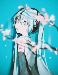 Rule 34 | 1girl, bare shoulders, black sleeves, blue eyes, blue hair, branch, cherry blossoms, collared shirt, detached sleeves, frilled shirt, frills, hair between eyes, hair ornament, hatsune miku, head tilt, headset, highres, long hair, long sleeves, looking at viewer, microphone, mitsubachi (roundbee), number tattoo, parted lips, shirt, sidelocks, sleeveless, sleeveless shirt, solo, tattoo, twintails, upper body, vocaloid, white shirt