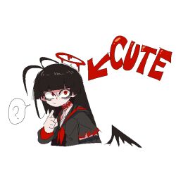 Rule 34 | 1girl, ?, antenna hair, bags under eyes, black hair, black serafuku, black wings, blood, blood halo, blue archive, choker, commentary, english text, feathered wings, halo, korean commentary, liquid halo, long hair, looking at viewer, low wings, melting halo, neamosub, pointing, pointing at self, red choker, red eyes, red halo, school uniform, serafuku, simple background, solo, spoken question mark, tsurugi (blue archive), white background, wings