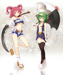 Rule 34 | 2girls, adapted costume, alternate costume, alternate weapon, bare legs, black legwear, blue eyes, blush, breasts, cleavage, detached sleeves, efe, elbow gloves, female focus, floral background, flower, geta, gloves, green hair, hair ribbon, hand on own hip, high heels, jacket, large breasts, midriff, multiple girls, navel, onozuka komachi, open clothes, open mouth, open shirt, panties, pantyshot, pink eyes, pink hair, race queen, red eyes, red hair, reflection, reflective floor, revealing clothes, ribbon, scythe, shiki eiki, shirt, shoes, short hair, short shorts, shorts, skirt, small breasts, socks, spider lily, standing, standing on one leg, sweat, thighhighs, touhou, twintails, two side up, umbrella, underwear, visor cap, weapon, white gloves, white legwear, zettai ryouiki