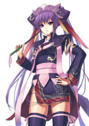Rule 34 | 1girl, black thighhighs, cuboon, female focus, hair ornament, hand on own hip, headdress, hip focus, japanese clothes, long hair, looking down, obi, purple eyes, purple hair, sangokushi taisen, sash, simple background, solo, standing, thighhighs, touhaku, twintails, whip, white background
