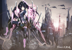 Rule 34 | 1girl, aircraft, airplane, armor, b-2 spirit, bad id, bad pixiv id, black hair, black thighhighs, blue eyes, bomber, boots, cityscape, dress, f-22, fighter jet, floating hair, flying wing, glowing, heavy bomber, holographic monitor, jet, katana, legs, looking at viewer, machinery, mecha musume, mechanical arms, merontomari, military, military vehicle, original, penetrator (aircraft), ponytail, severed arm, severed limb, short hair, single mechanical arm, standing, stealth, stealth aircraft, stealth bomber, strategic bomber, sunlight, sword, thighhighs, tokyo tower, tower, weapon, wind