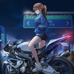 Rule 34 | 1girl, absurdres, bike shorts, black shorts, blue jacket, blurry, blurry background, bmw s1000rr, brown eyes, brown hair, highres, jacket, license plate, long hair, long sleeves, motor vehicle, motorcycle, night, original, ponytail, profile, road sign, shoes, shorts, sign, sneakers, solo, standing, white footwear, yeong r6
