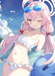 Rule 34 | 1girl, ahoge, animal, aruka (alka p1), bikini, bird, blue-tinted eyewear, blue archive, blue jacket, blue sky, blush, cloud, commentary request, day, eyewear on head, frilled bikini, frills, hair bobbles, hair ornament, halo, highres, holding, hoshino (blue archive), hoshino (swimsuit) (blue archive), inflatable toy, inflatable whale, jacket, long hair, looking at viewer, low twintails, navel, official alternate costume, one eye closed, open mouth, outdoors, pink hair, sky, solo, summer, swimsuit, tinted eyewear, twintails, white bikini, yellow eyes