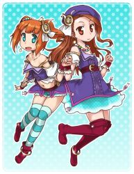 Rule 34 | 10s, 2girls, anklet, boots, brown eyes, brown hair, hat, holding hands, idolmaster, idolmaster (classic), idolmaster 2, jewelry, legs, long hair, minase iori, multiple girls, palace of dragon (idolmaster), ryuuguu komachi, striped clothes, striped legwear, striped thighhighs, takatsuki yayoi, thigh boots, thighhighs, ttomm, twintails