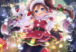 Rule 34 | 1girl, :d, belt, black eyes, black gloves, black pantyhose, blue eyes, blurry, blurry background, blush, box, breasts, brown hair, candy, candy cane, capelet, carrying over shoulder, commentary request, cowboy shot, creatures (company), dated, delibird, double bun, dress, food, fur-trimmed capelet, fur-trimmed gloves, fur trim, game freak, gen 2 pokemon, gift, gift box, gloves, hair bun, hat, highres, holding, holding sack, kisukekun, lens flare, light particles, long hair, looking at viewer, medium breasts, merry christmas, nintendo, official alternate costume, open mouth, outstretched arms, pantyhose, poke ball print, pokemon, pokemon (creature), pokemon masters ex, red capelet, red dress, rosa (holiday 2019) (pokemon), rosa (pokemon), sack, santa hat, sidelocks, signature, sleeveless, sleeveless dress, smile, snowflakes, solo focus, sparkle, star (symbol), teeth, twintails, upper teeth only, very long hair