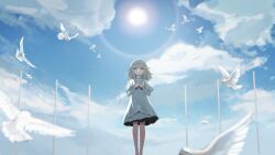Rule 34 | 1girl, aged down, bare legs, bird, black bow, black bowtie, blue sky, blurry, blurry foreground, bow, bowtie, cloud, dove, dress, feet out of frame, flagpole, grey eyes, grey hair, hair bun, hands on own chest, highres, layered sleeves, lens flare, long sleeves, looking at viewer, medium hair, outdoors, reverse:1999, short dress, short over long sleeves, short sleeves, single side bun, sky, smile, solo, sun, vertin (reverse:1999), weimu vmovie, white bird, white dress, wide shot