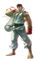 Rule 34 | 1boy, bare pectorals, bingoman, black hair, boxing gloves, carrying over shoulder, dougi, forked eyebrows, from below, headband, highres, large hands, looking to the side, male focus, muscular, muscular male, pectorals, red headband, ryu (street fighter), short hair, sidepec, solo, street fighter, thick eyebrows, wind