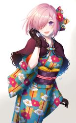 Rule 34 | 1girl, :d, alternate costume, arm at side, artist name, black gloves, blue kimono, blush, breasts, capelet, dutch angle, fate/grand order, fate (series), floral print, flower, gloves, gradient background, grey background, hair flower, hair ornament, hair over one eye, hand up, highres, japanese clothes, kimono, lace, lace-trimmed gloves, lace trim, lips, long sleeves, looking at viewer, mash kyrielight, medium breasts, obi, open mouth, orii (orii i), pink hair, print kimono, purple capelet, purple eyes, red flower, sash, short hair, sleeves past wrists, smile, solo, standing, tareme, teeth, underbust, upper teeth only, wide sleeves