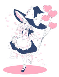Rule 34 | 1girl, absurdres, apron, balloon, black dress, black footwear, black hat, blush, bobby socks, bow, closed eyes, commentary request, dress, glove bow, gloves, hair ribbon, hat, hat bow, heart, heart balloon, highres, holding, holding balloon, kirisame marisa, limited palette, long hair, mary janes, open mouth, pink bow, pink ribbon, ribbon, shoes, simple background, smile, socks, solo, touhou, white background, white gloves, white socks, witch hat, yurigaoka nayuki