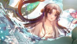 Rule 34 | 1girl, blue eyes, blue sky, brown hair, bug, butterfly, closed mouth, earrings, facial mark, fins, fish tail, forehead mark, hair over breasts, hair ribbon, highres, insect, jewelry, kneeless mermaid, nude, ribbon, shan lan, sky, solo, splashing, tail, twintails, upper body, water, waves, xianjian qixia zhuan, zhao linger