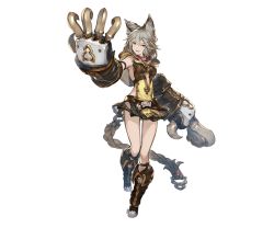 Rule 34 | 10s, 1girl, animal ears, breasts, claw (weapon), claws, erune, fangs, full body, gloves, granblue fantasy, grey hair, hair between eyes, looking at viewer, minaba hideo, official art, open mouth, red eyes, sen (granblue fantasy), skirt, smile, solo, transparent background, weapon