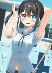 Rule 34 | 1girl, apollo (hu maple), arms up, blue eyes, blurry, blurry background, blush, bra visible through clothes, breasts, chain-link fence, collared shirt, commentary request, day, depth of field, dress shirt, fence, hair between eyes, hair intakes, highres, looking at viewer, navel, open mouth, original, outdoors, see-through, shirt, short sleeves, side ponytail, small breasts, solo, tying hair, water drop, wavy mouth, wet, wet clothes, wet shirt, white shirt