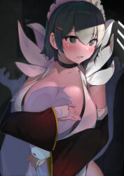 Rule 34 | 1boy, 1girl, apron, artist name, black hair, blush, breast press, breasts, cleavage, dermar, face to breasts, hetero, highres, hug, iroha (samurai spirits), large breasts, leotard, leotard under clothes, maid, maid apron, maid headdress, moaning, multiple girls, restrained, revealing clothes, samurai spirits, see-through, signature, sweat, thighs, trembling, wide hips
