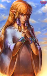 Rule 34 | 1girl, bad deviantart id, bad id, blonde hair, blue eyes, bracelet, courtney chitsiga, dress, eyebrows, hair tubes, highres, jewelry, lips, long hair, looking at viewer, nintendo, nose, own hands clasped, own hands together, pointy ears, princess zelda, sidelocks, solo, the legend of zelda, the legend of zelda: skyward sword, white dress, wide sleeves