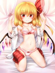 Rule 34 | 1girl, bare shoulders, bed sheet, blonde hair, blush, bow, bow panties, bra, breasts, cleavage, collarbone, commentary request, crystal, curtain grab, curtains, flandre scarlet, frilled bra, frilled panties, frilled shirt collar, frills, groin, hair between eyes, hair ribbon, hands up, highres, long hair, looking at viewer, marukyuu ameya, miniskirt, nail polish, navel, no headwear, no shoes, off shoulder, one side up, open clothes, open shirt, open skirt, panties, pink background, pink bra, pink panties, pleated skirt, red bow, red eyes, red nails, red ribbon, red skirt, ribbon, shadow, shirt, short sleeves, sitting, skirt, small breasts, smile, socks, solo, stomach, thighs, touhou, underwear, wariza, white shirt, white socks, wings
