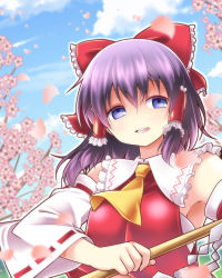 Rule 34 | 1girl, ascot, blue sky, bow, cherry blossoms, cloud, day, detached sleeves, dress, gohei, hair bow, hair tubes, hakurei reimu, looking at viewer, open mouth, purple eyes, purple hair, red dress, satou yuuki, sky, smile, solo, touhou, tree, wide sleeves