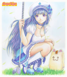 Rule 34 | 1girl, :3, arin, blue hair, boots, breasts, cleavage, dress, golf club, hat, long hair, mayo riyo, pangya, papel, purple eyes, small breasts, smile, solo, squatting