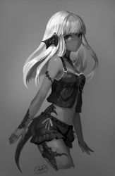 Rule 34 | 10s, 1girl, animal ears, au ra, bare shoulders, blunt bangs, breasts, dated, dragon ears, dragon tail, final fantasy, final fantasy xiv, greyscale, looking at viewer, momoko (momopoco), monochrome, navel, shorts, signature, small breasts, solo, tail, warrior of light (ff14)