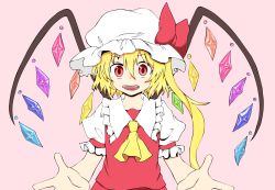 Rule 34 | 1girl, ascot, atsuiiscarlet, blonde hair, dress, flandre scarlet, hat, highres, open mouth, outstretched arms, red eyes, ribbon, short hair, side ponytail, solo, spread arms, touhou, wings, ximsol182