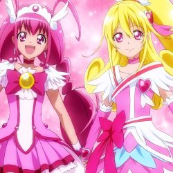 Rule 34 | 10s, 2girls, :d, aida mana, arm warmers, blonde hair, bow, bowtie, brooch, choker, color connection, cure happy, cure heart, curly hair, dokidoki! precure, dress, earrings, eyelashes, hair ornament, half updo, head wings, heart, heart brooch, heart hair ornament, holding hands, hoshizora miyuki, jewelry, long hair, magical girl, maruki (punchiki), multiple girls, open mouth, pink background, pink dress, pink eyes, pink hair, pink skirt, pink theme, ponytail, precure, skirt, smile, smile precure!, tiara, twintails, wings, wrist cuffs